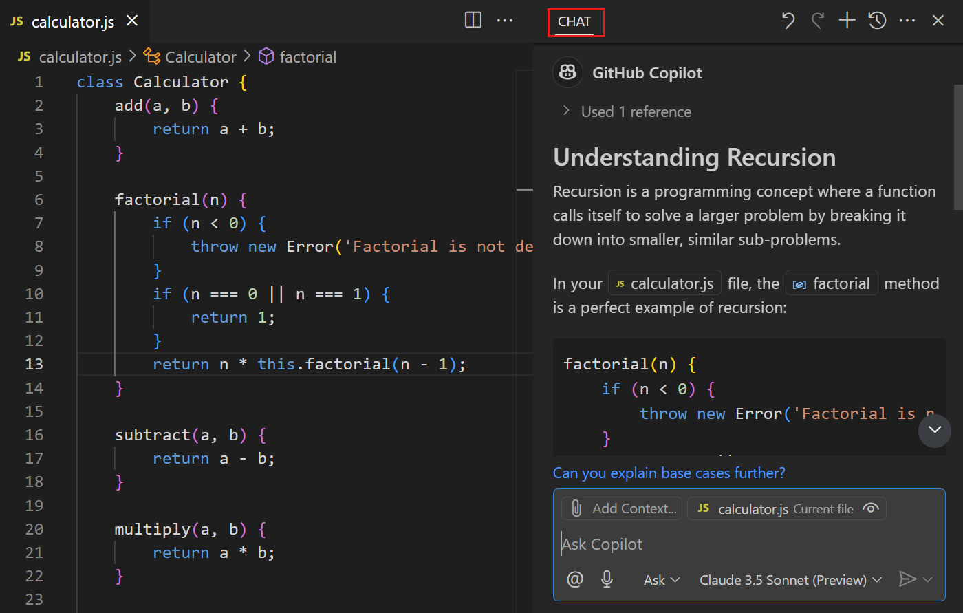 Chat view in VS Code. Other UI surfaces include editor inline chat,
terminal inline chat, and quick chat. Credits: code.visualstudio.com.