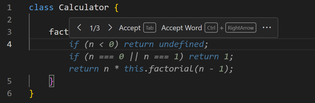 Start typing in the editor, and Copilot provides code suggestions.
Can accept either the next word or line. Credits: code.visualstudio.com.