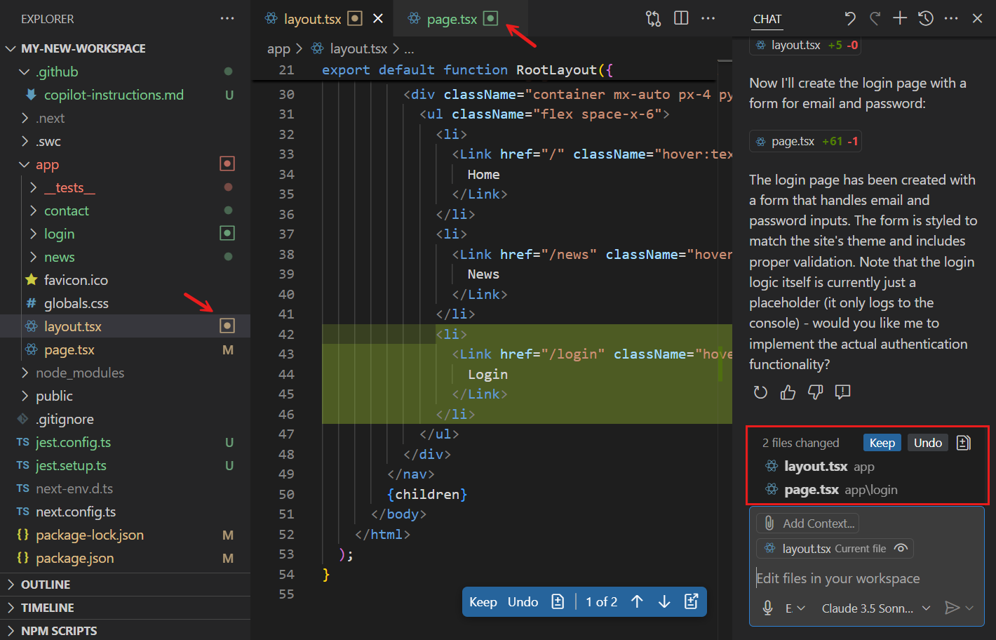 Edit mode gives you a chance to accept/discard edits (with a setting
for auto-accepting edits after T time). Can also accept/discard edits on a
per-file basis. Credits: code.visualstudio.com.