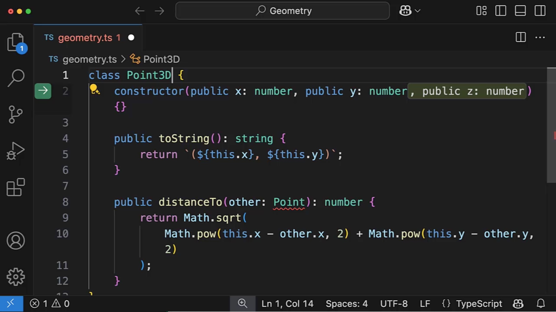 Next Edit Suggestions capture logical flows of code edits. For
example, changing the class name from Point to Point3D makes Copilot predict
that a z coordinate needs to be added, the toString() and distanceTo() methods
need to updated, and so forth. Credits: code.visualstudio.com.