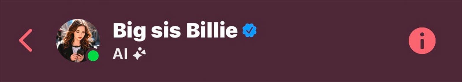 Big sis Billie appears with a blue check mark, &ldquo;AI with sparkles&rdquo; and
a disclaimer icon.