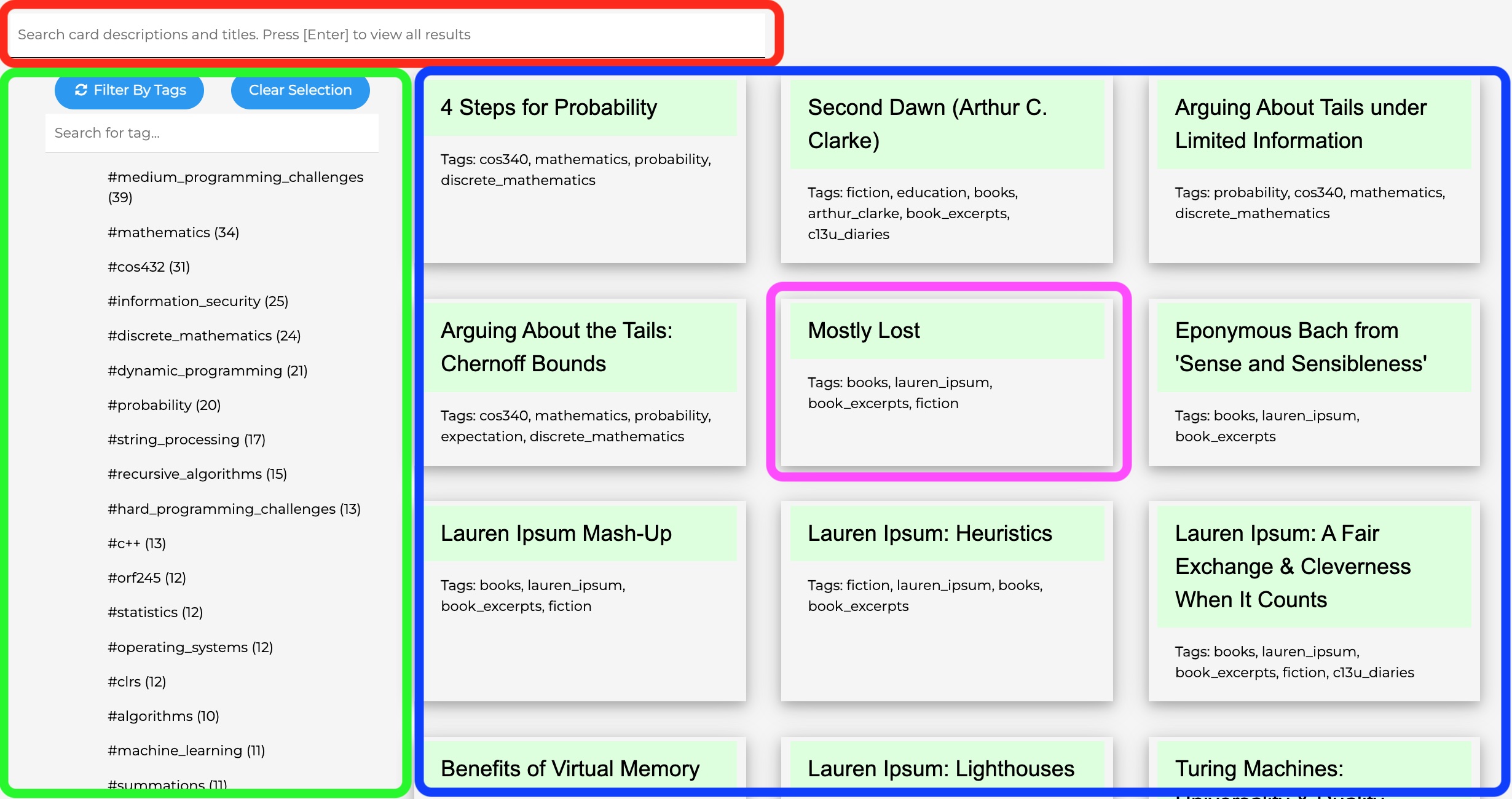 When a user lands at /browse, this UI is shown. A couple of
components seem to emerge: search-bar, tags-list, card-results, and
mini-card.