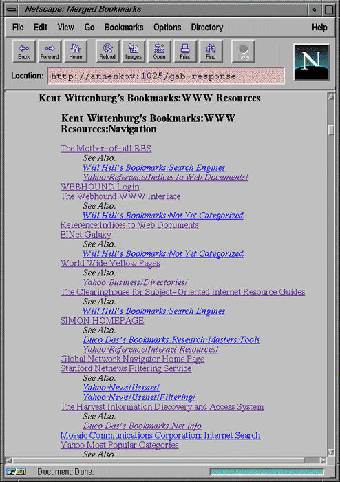 An HTML dump of the tree merged from Wittenberg's, Hill's, Das's and Yahoo's subject trees. For example, Will Hill has URL titled "The Mother-of-all-BBS" under his "Search Engine" category. Credits: www.w3.org/Conferences/WWW4/Papers/98/